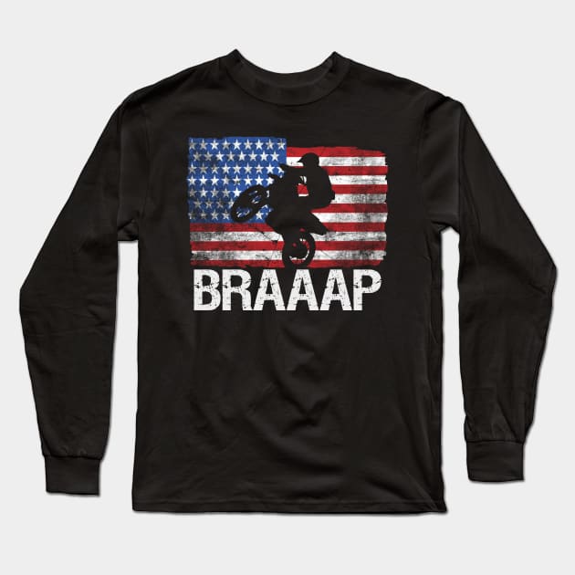 Awesome American Flag Motocross Gift Cool Dirt Bike Brap Design Long Sleeve T-Shirt by Linco